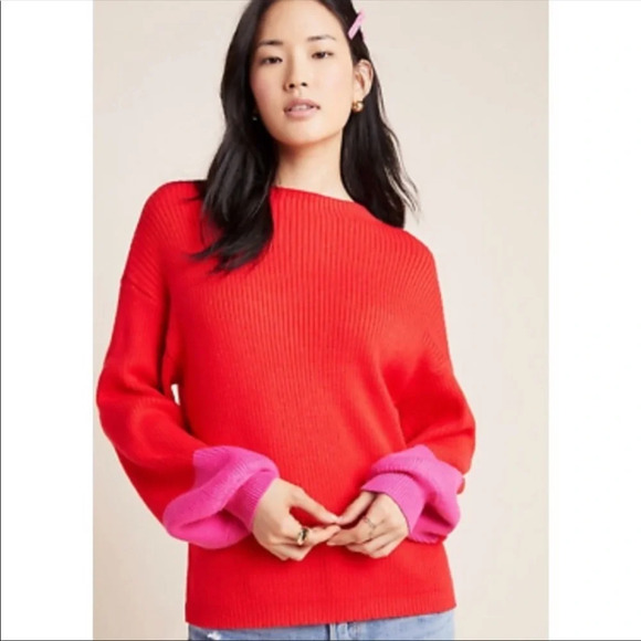 Line And Dot Red Ribbed Knit Sweater Womens XL Pullover Pink Balloon Sleeve - Picture 12 of 12